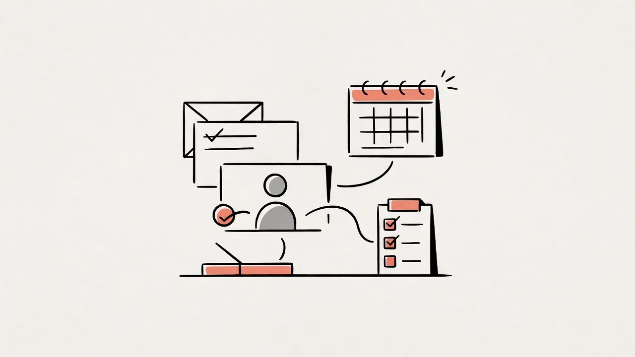 Line drawing of a person on a computer screen, linked by curved lines to an envelope, a calendar and a partly checked-off to-do list.