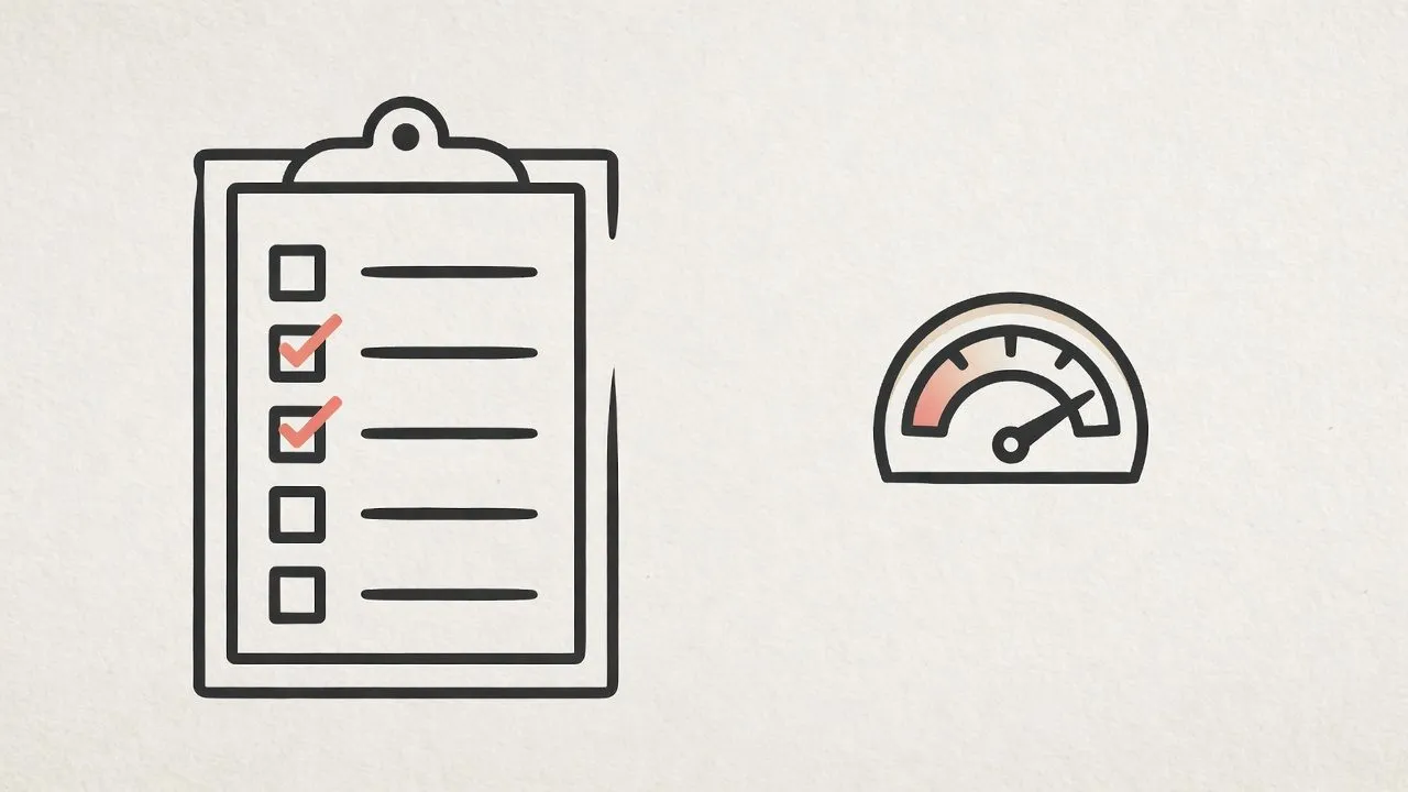 Clipboard checklist with two coral ticks beside a small gauge