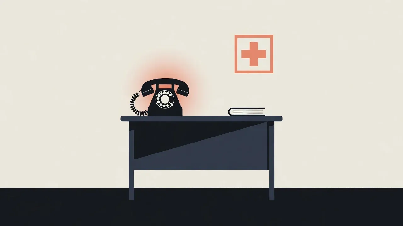 Black rotary phone glowing coral on a clinic reception desk beside a closed appointment book, under a red medical cross sign