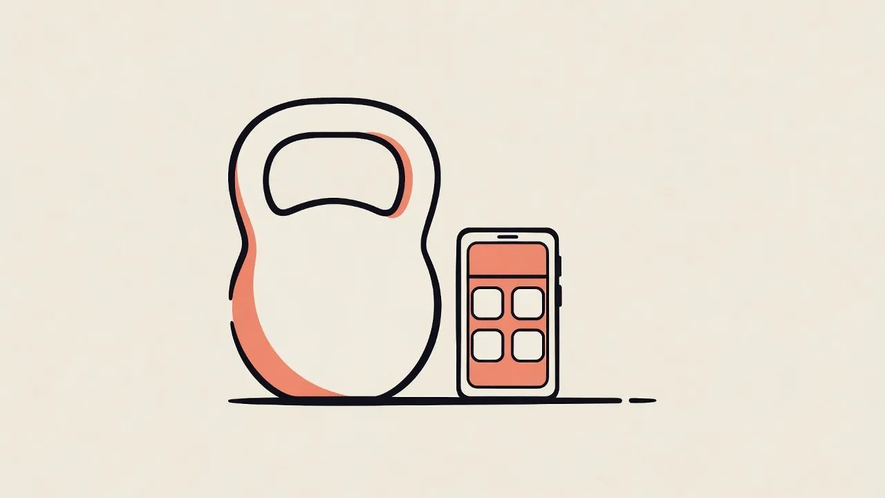 Line illustration of a kettlebell next to a smartphone with a coral screen showing a booking grid, on a cream background.