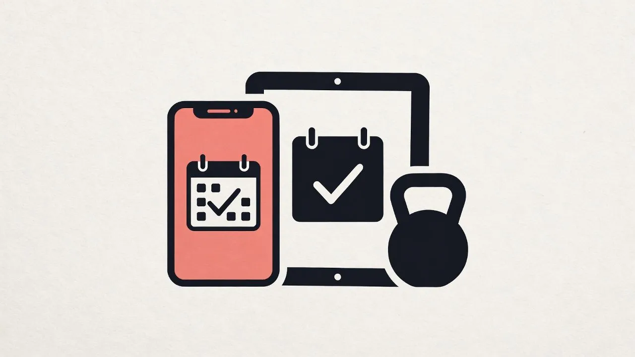 Line illustration of a coral phone and a tablet showing booking calendars with checkmarks, next to a black kettlebell, on a cream background.