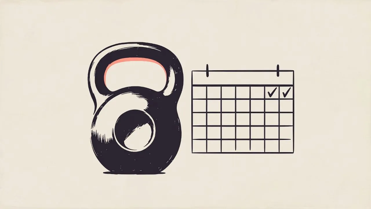 Line illustration of a black kettlebell next to a calendar with two days checked off, on a cream background.