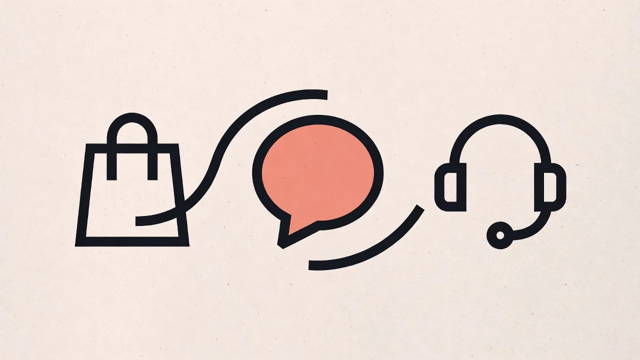 Shopping bag, chat bubble and headset linked by lines